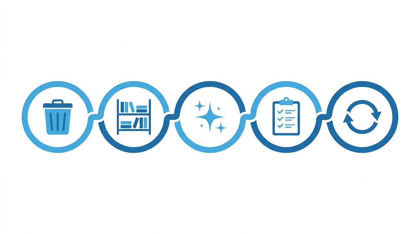 5S methodology steps Sort Set in Order Shine Standardize Sustain with implementation guide for lean workplace organization