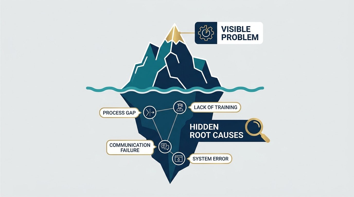 Five Whys analysis diagram showing five descending why questions leading down to the identified root cause