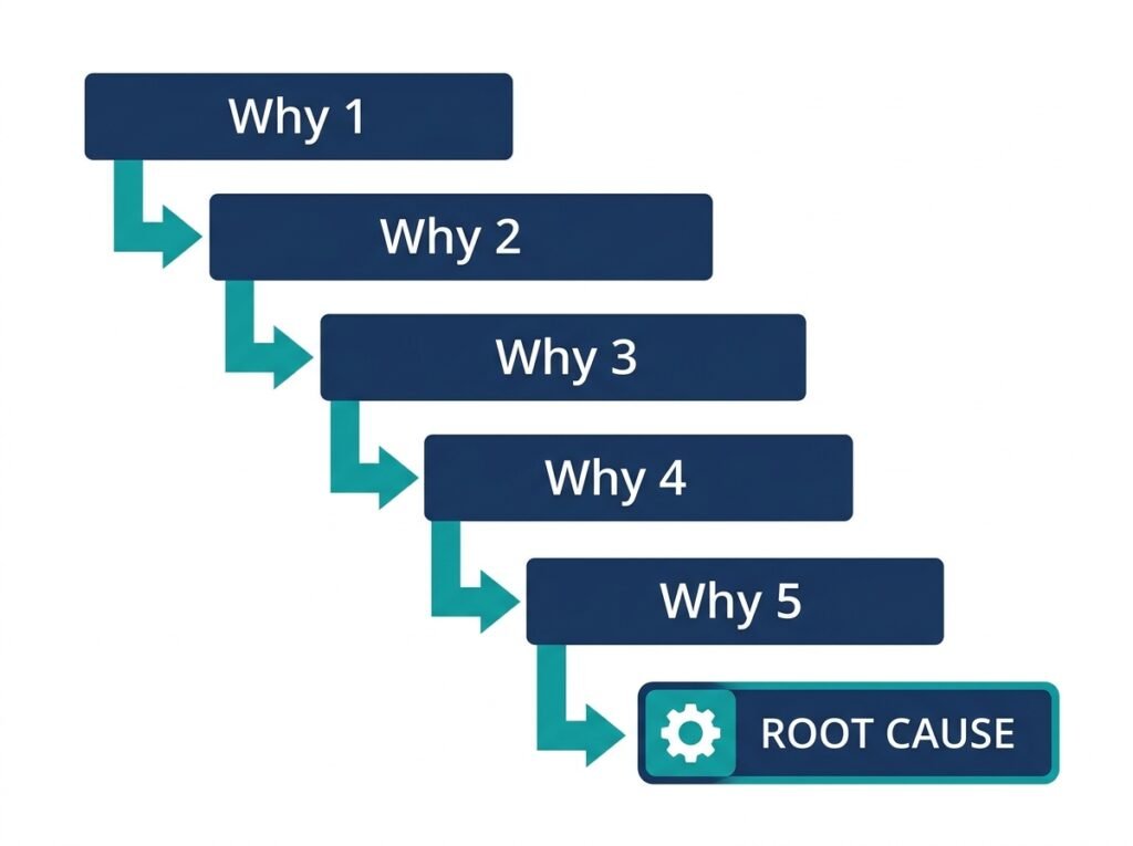 Five Whys analysis diagram showing five descending why questions leading down to the identified root cause