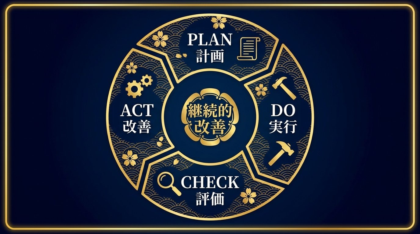 Kaizen continuous improvement cycle showing PDCA phases Plan Do Check Act with upward improvement arrows