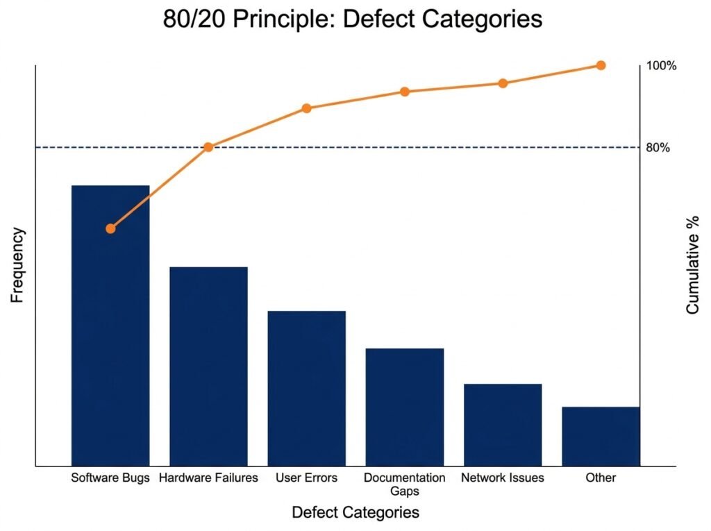 Pareto chart showing descending defect bars and a cumulative percentage line illustrating the 80/20 rule in root cause analysis