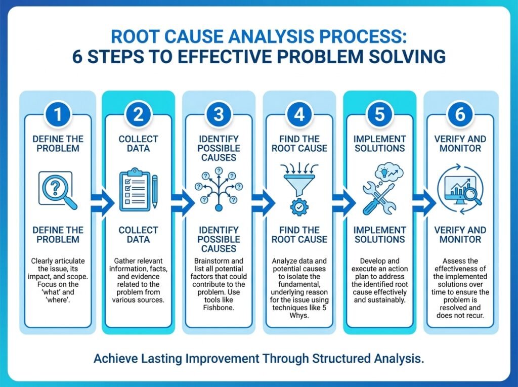 Six step root cause analysis process timeline from defining the problem to verifying and monitoring the solution